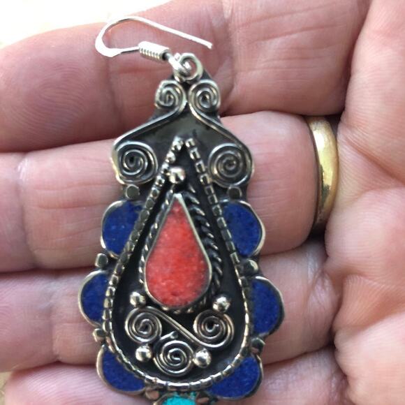 Tibetan Silver Turquoise Lapis Lazuli & Red Coral Dangle Earrings - Picture 4 of 5